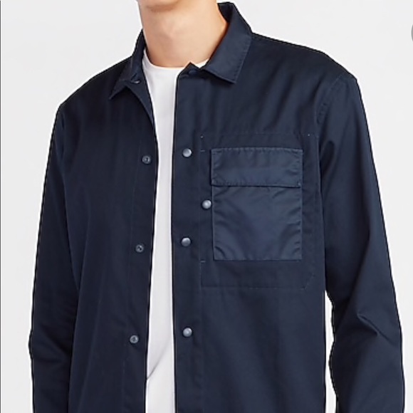 New Express Mens Midnight Blue Chambray Lightweight Slim Snap Front Shirt Jacket - Picture 2 of 6